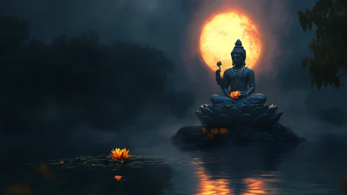 Moonlit lotus Buddha statue over misty reflective water.