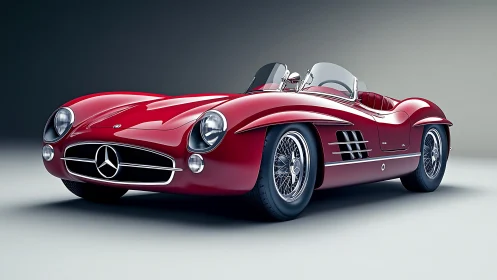 Red classic Mercedes roadster in clean studio setting.