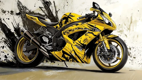 Sportbike side profile with yellow splatter livery, studio setting