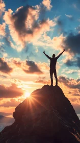 Sunrise summit victor greeting the blazing sky in triumph.