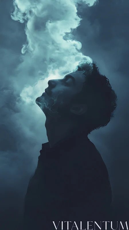 Side profile silhouette with vertical vapor plume in darkness