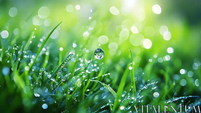 Morning dew on grass blades under soft green sunlight.