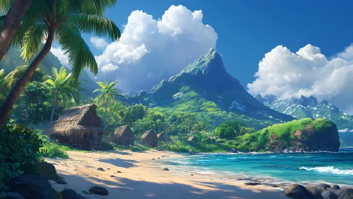 Digital rendering depicts tropical island beach village with mountain backdrop