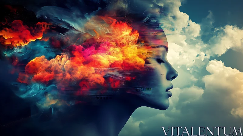 Side profile female face merges with colorful digital clouds