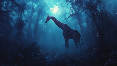 Giraffe in luminous blue forest under ethereal mist glow.