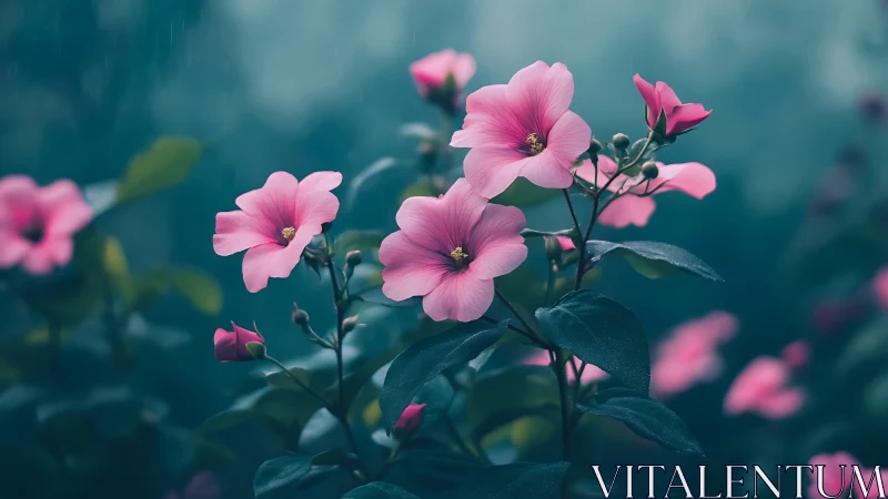 Pink flowers blooming in soft-focused teal garden atmosphere