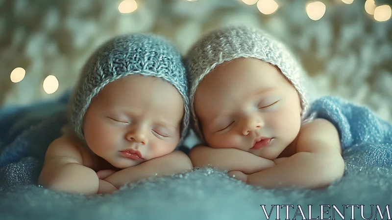 Twin Newborns Sleeping in Knitted Hats with Soft Lighting.