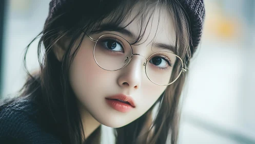 Soft gaze behind golden frames in rainy-window hush.