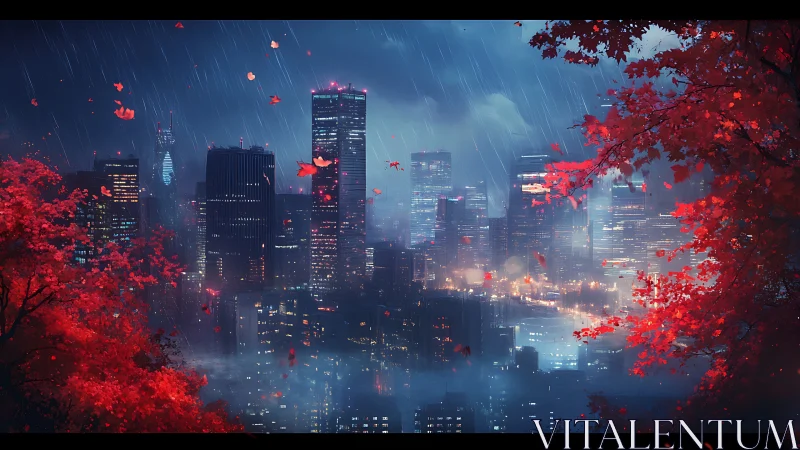 Rain-soaked neon skyline framed by scarlet autumn foliage
