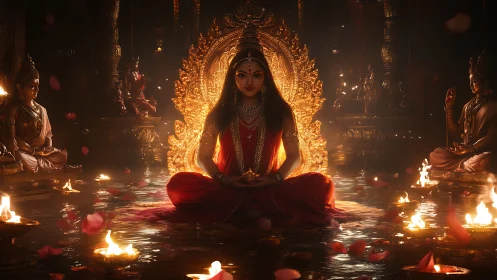 Seated deity figure in ornate golden shrine with oil lamps.