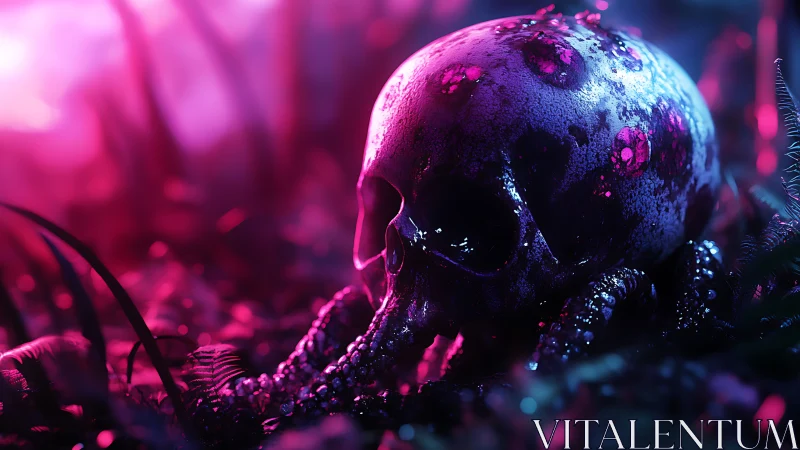 Neon jungle cradles a bioluminescent skull of shadows