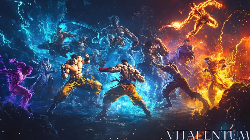 Martial artists clash in elemental blue and orange energy field