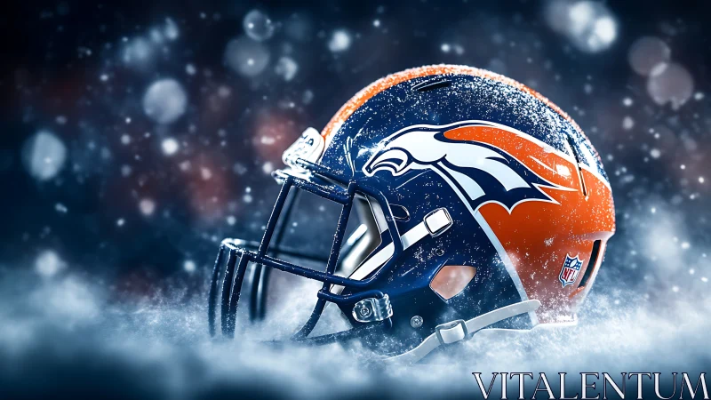 Football helmet in snowy environment with team logo visible.