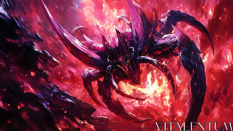Digital painting of voidborn dragon in radiant crimson vortex.