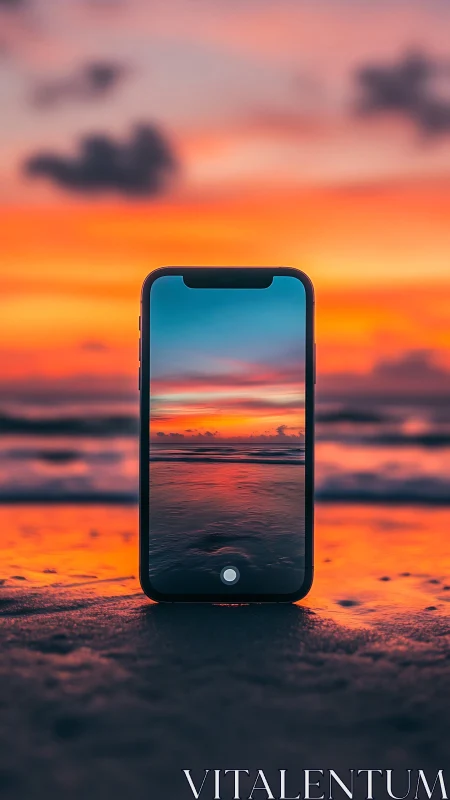 Sunset portal phone frames molten shoreline horizons perfectly.