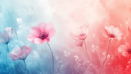 Pink flowers are rendered against a blue to red gradient field