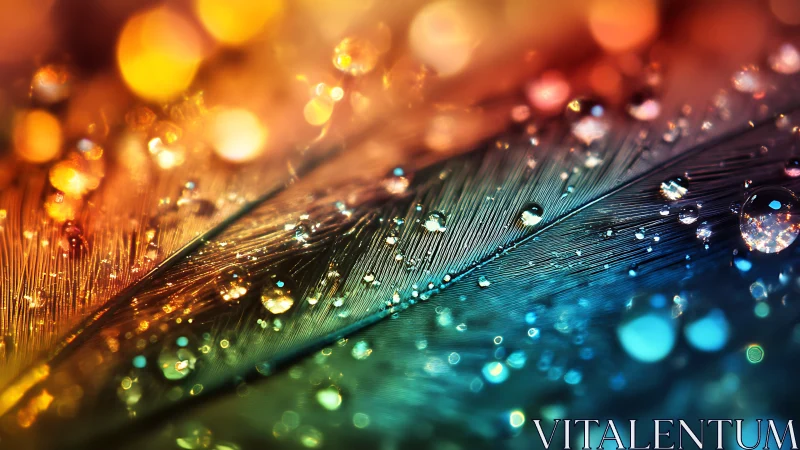 Macro study of water droplets on multicolored feather surface.