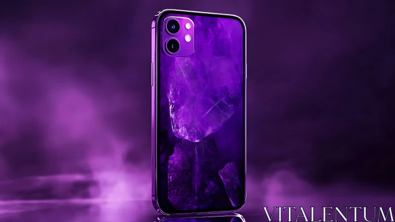 Purple smartphone with glowing crystal display and dual camera.