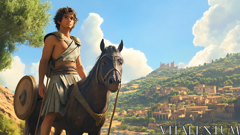 Young rider overlooking ancient hillside cityscape scene.