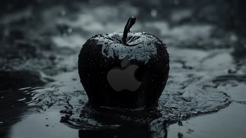 Midnight black apple gleaming in ripples of liquid chrome.
