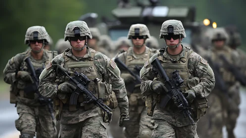Soldiers in tactical gear advancing along a paved roadway.