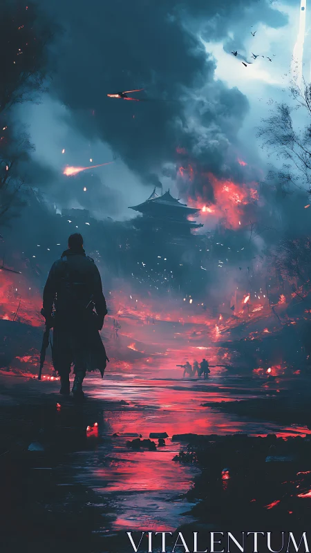Lone warrior crosses burning ruins under a stormlit sky