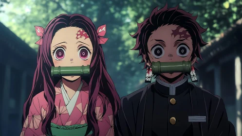 Two anime characters stand outdoors with bamboo gags