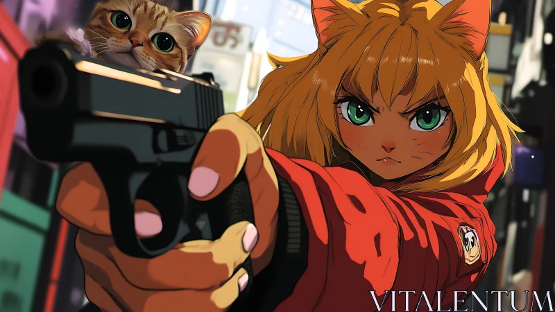 Fierce catgirl hero aims forward while tiny kitten peeks out