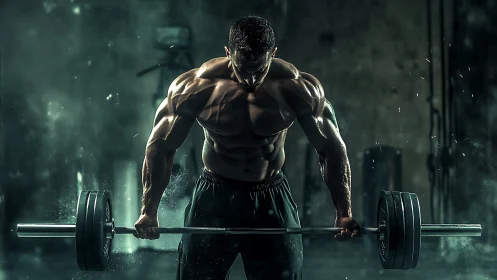 Muscular man holds loaded barbell in dim indoor gym setting