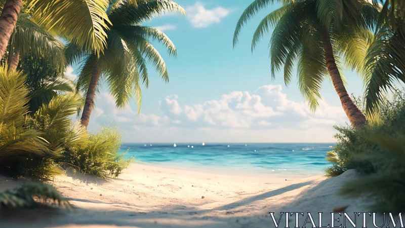 Tropical Beach Corridor: Bilateral Palm Framing with Turquoise Shallow Waters