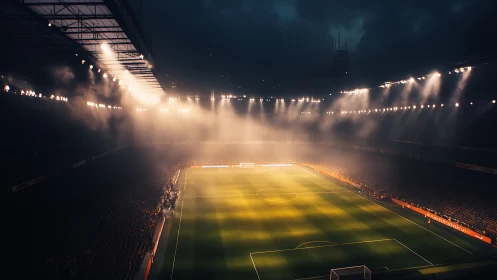 Floodlit football stadium field illuminated under heavy fog