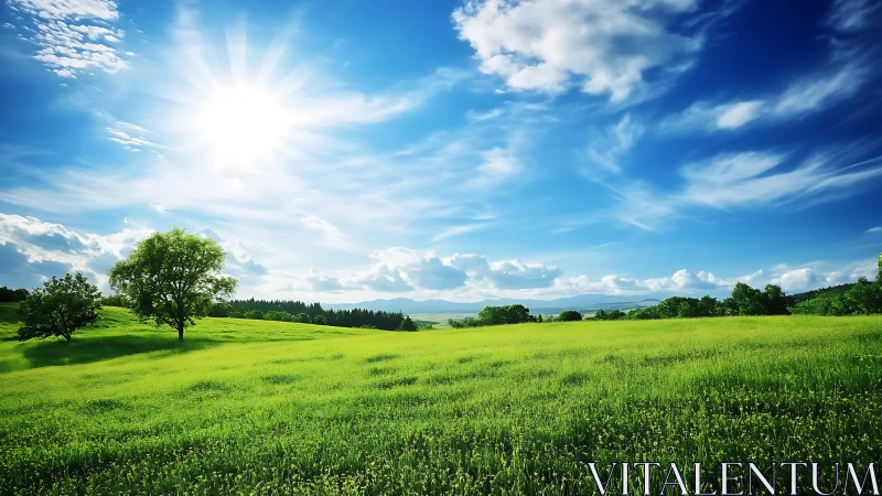 Sunlit grassy field stretches under wide blue sky