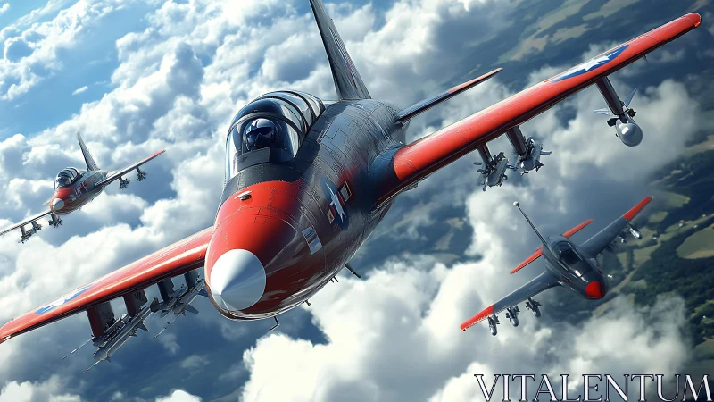 Crimson-nosed jet trio carves bright contrails through clouds