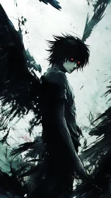 Raven winged shadow boy with ember eyes in icy storm.