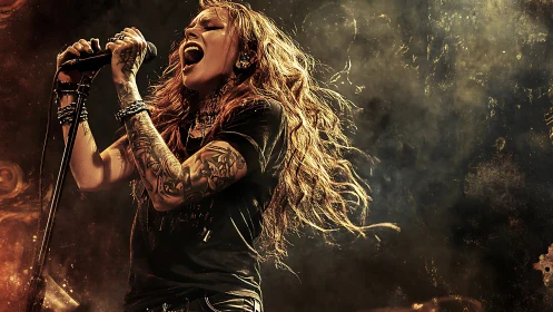 Tattooed rock singer unleashes powerful vocals onstage
