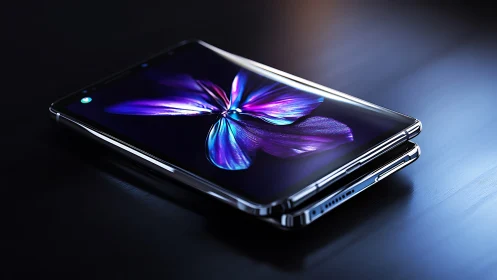 Luminescent Butterfly Dancing Across Folded Tech Elegance.