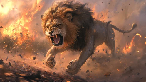 Roaring lion charges through blazing inferno with primal fury