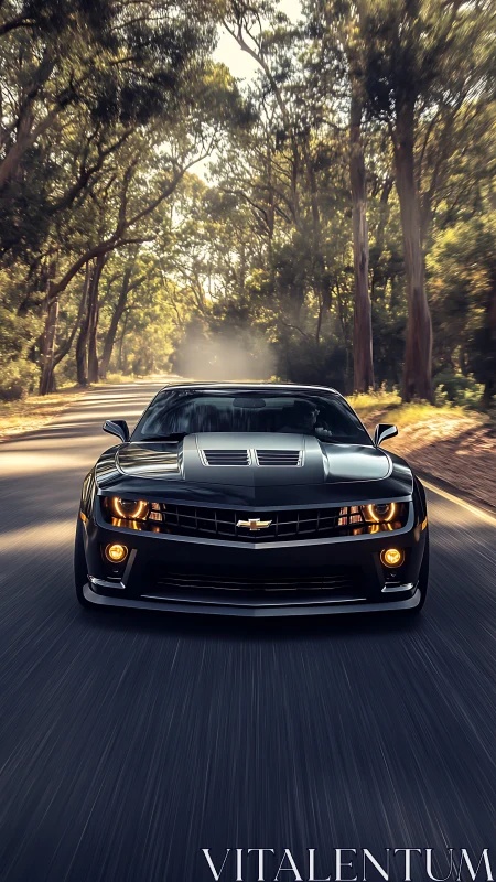 Muscle car charges down forest road in golden evening light