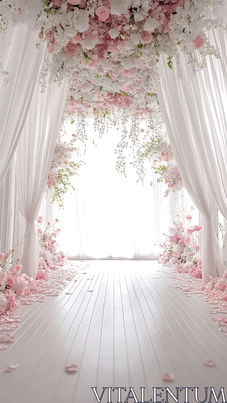 Indoor floral aisle under white draped canopy with petals.