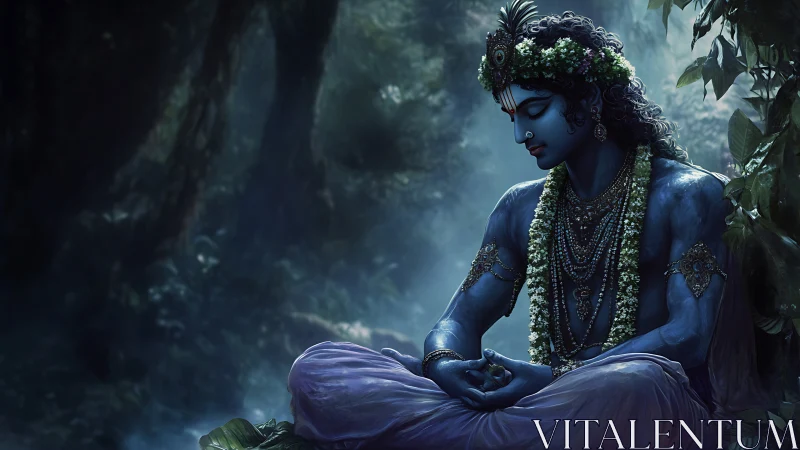 Serene blue deity in moonlit forest meditation pose.