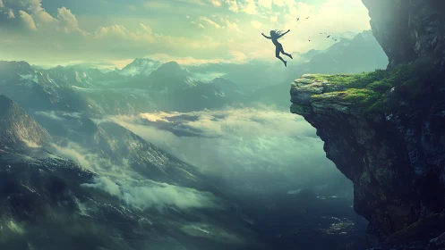 Silhouette leaping from cliff above misty mountain valley.