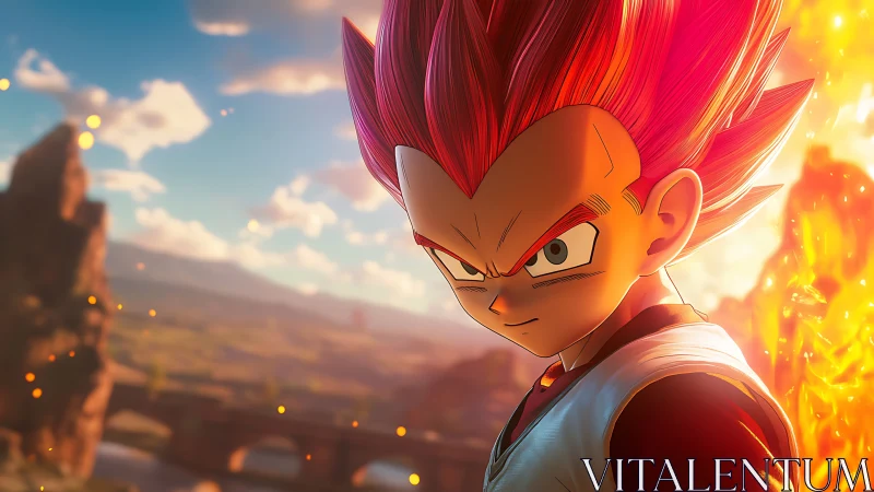 Red haired anime warrior stands before glowing fire aura.