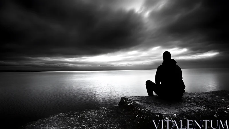 Solitary figure on rocky shore under dark storm clouds.