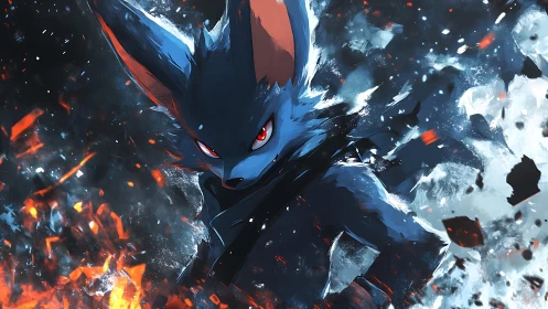 Blue fox warrior in fiery chaotic energy burst scene.