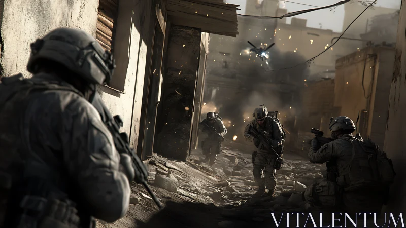 Urban firefight unfolds beneath roaring combat helicopter.