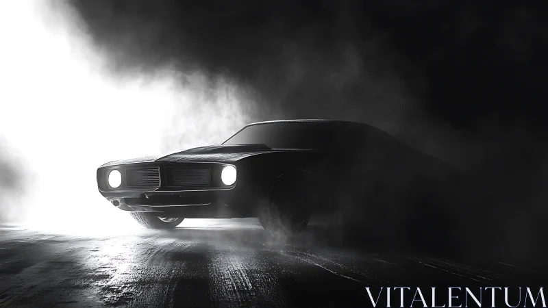 Nocturnal muscle car silhouette in volumetric backlighting haze.
