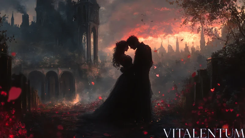 Silhouetted lovers kiss amid fiery apocalypse.