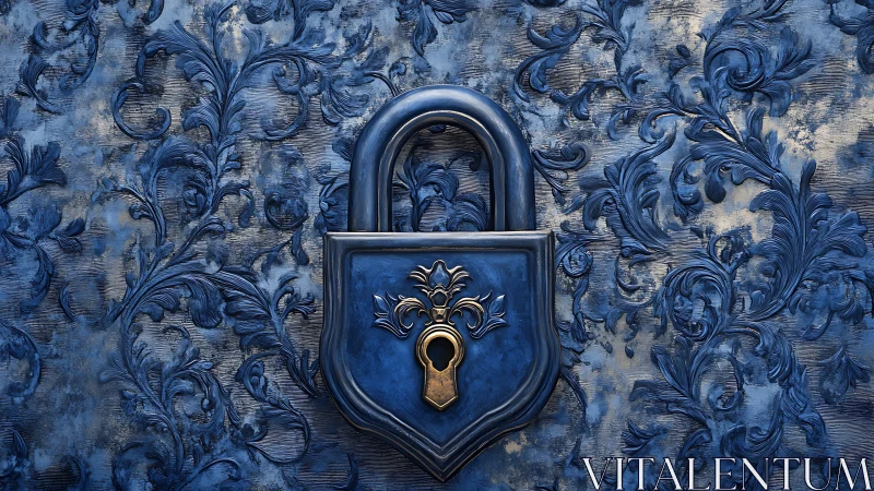 Ornate blue padlock resting in swirling floral patterns.