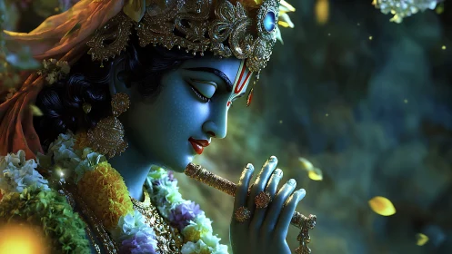 Divine blue figure plays flute amid golden blossoms and light