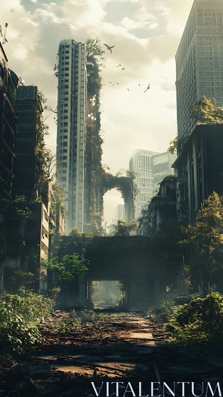 Sunlit ruined city where gentle greenery slowly returns.